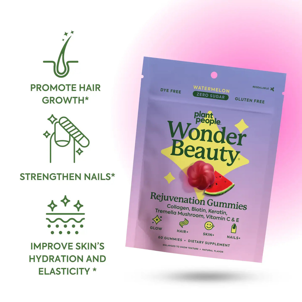 WonderBeauty Hair, Skin & Nails Gummies packaging, featuring benefits like promote hair growth, strengthen nails, improve skin hydration.