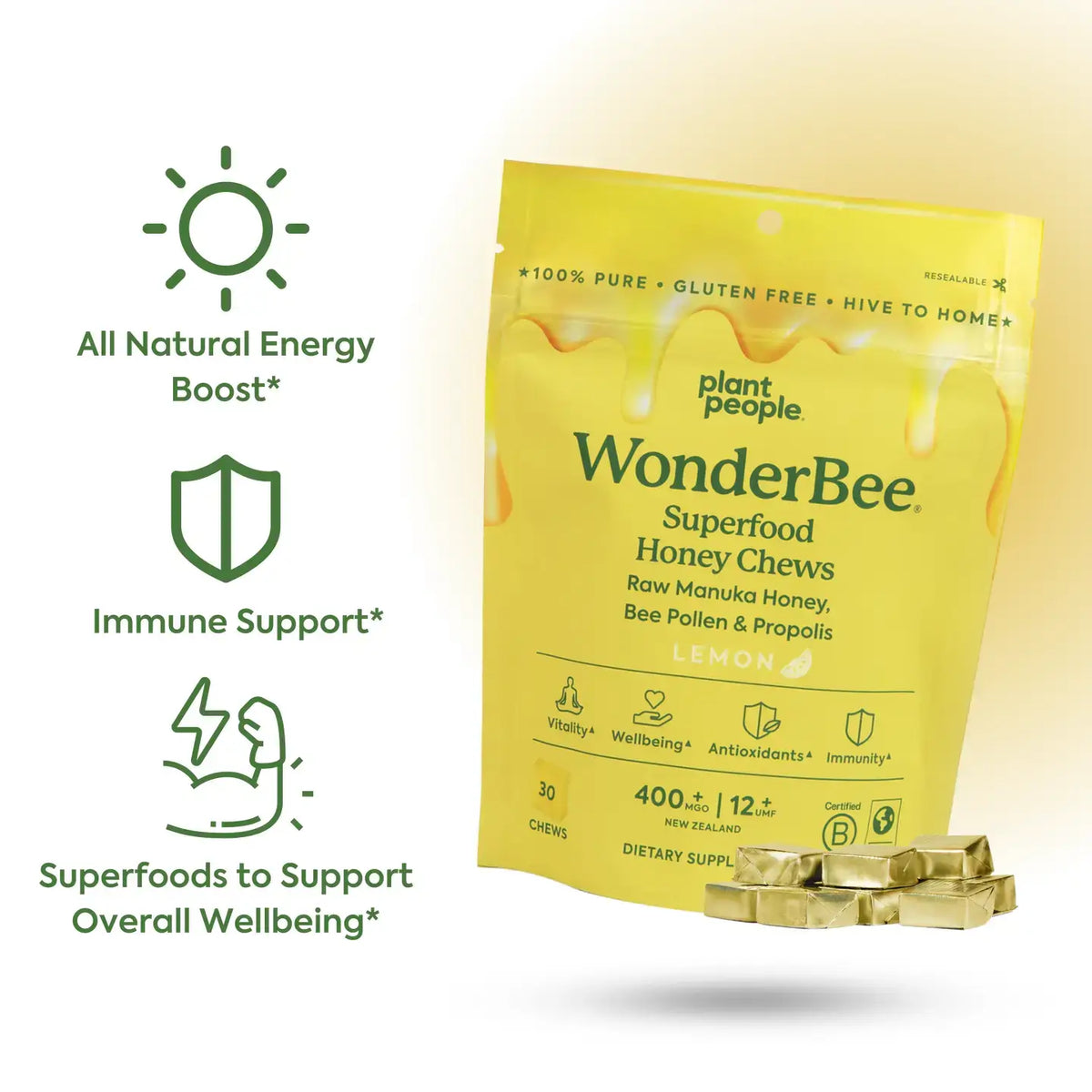 WonderBee® Chews packaging featuring superfood honey chews for immune support and overall wellbeing.