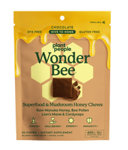 WonderBee mushroom honey chews package featuring chocolate flavor and superfood ingredients for wellness.