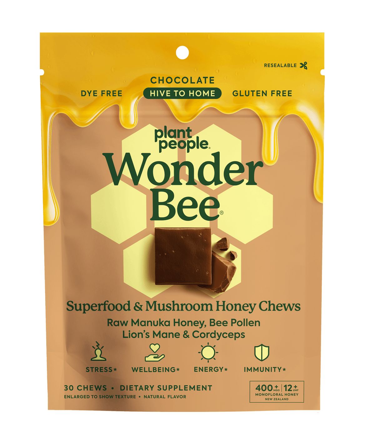 WonderBee mushroom honey chews package featuring chocolate flavor and superfood ingredients for wellness.