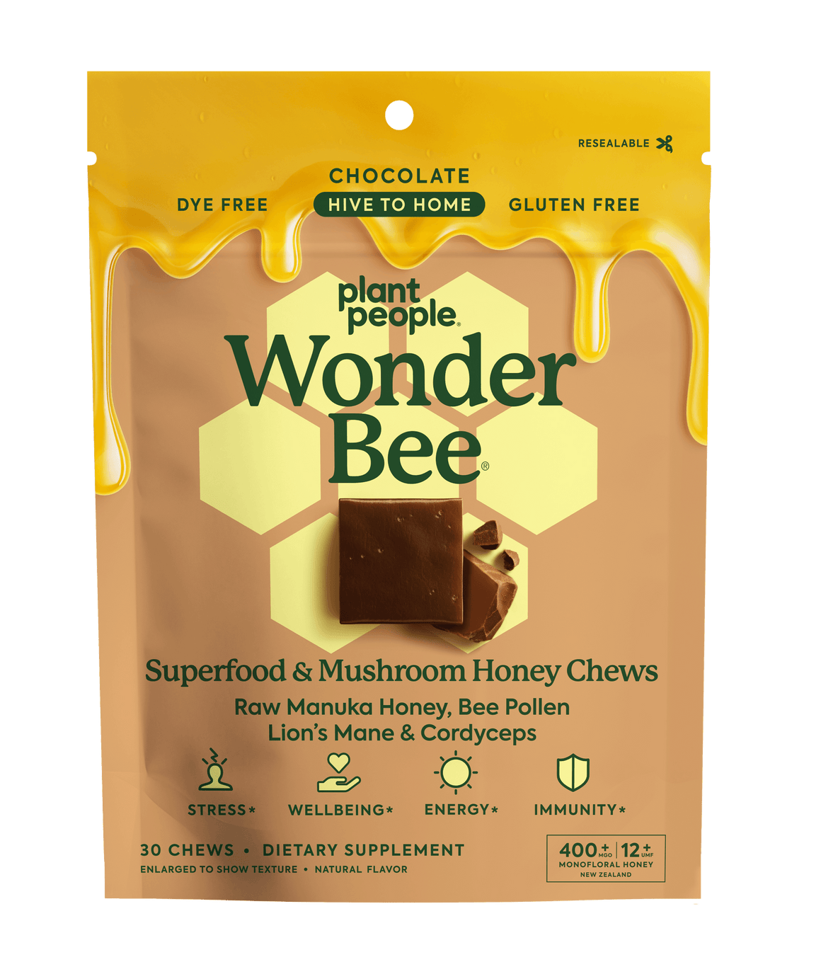 WonderBee mushroom honey chews package featuring chocolate flavor and superfood ingredients for wellness.
