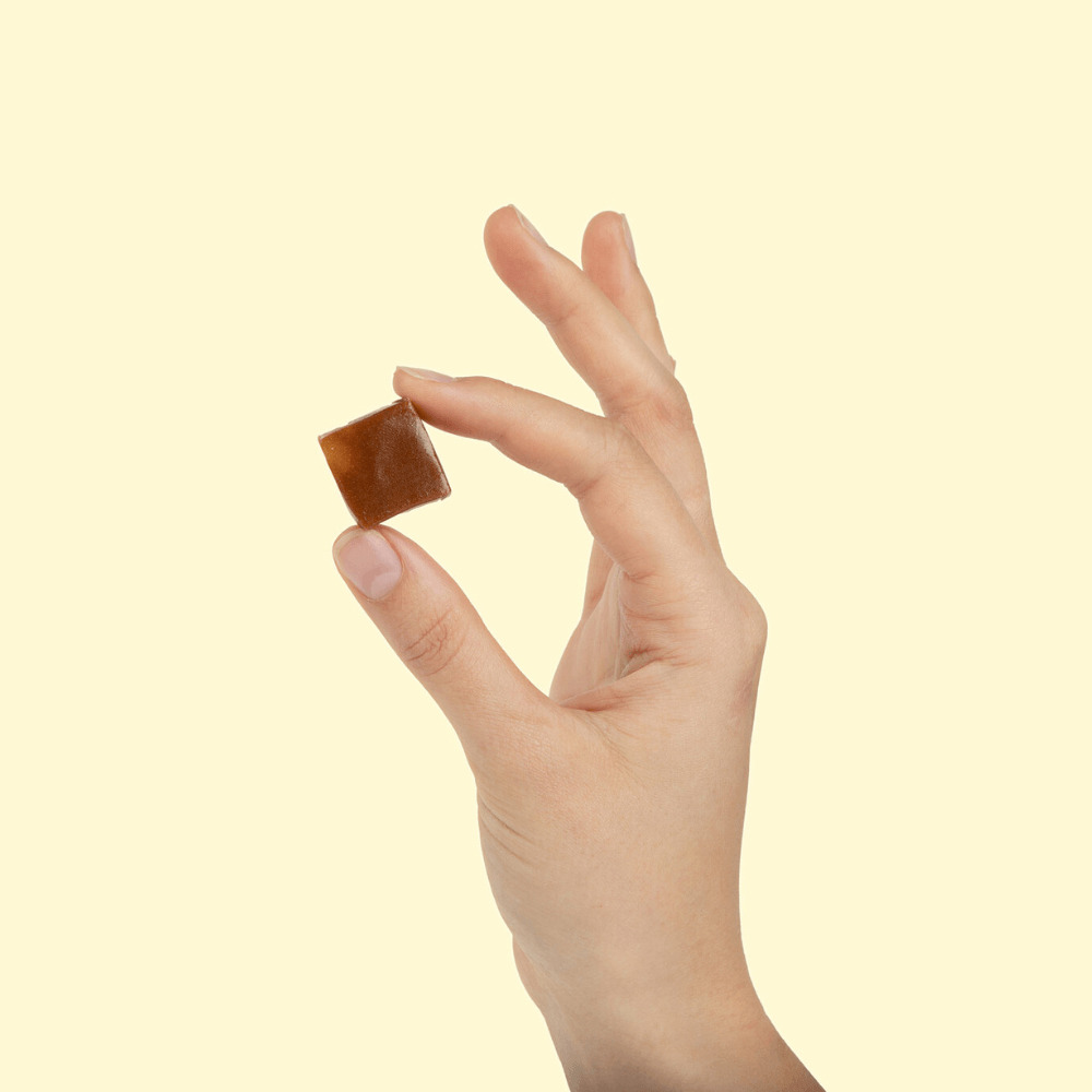 Hand holding a WonderBee mushroom honey chew, showcasing its rich chocolate color.