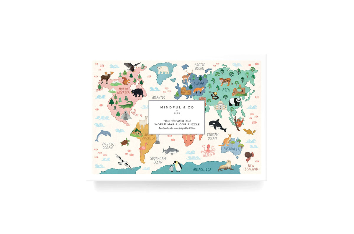 World Map Floor Puzzle featuring colorful animals and geographical landmarks for educational play.