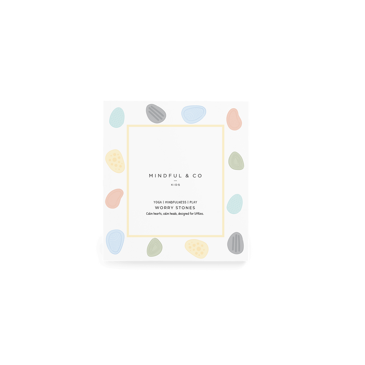 Worry Stones – Calming Sensory Fidget for Kids (Set of 6) packaging with pastel colors and calming design.