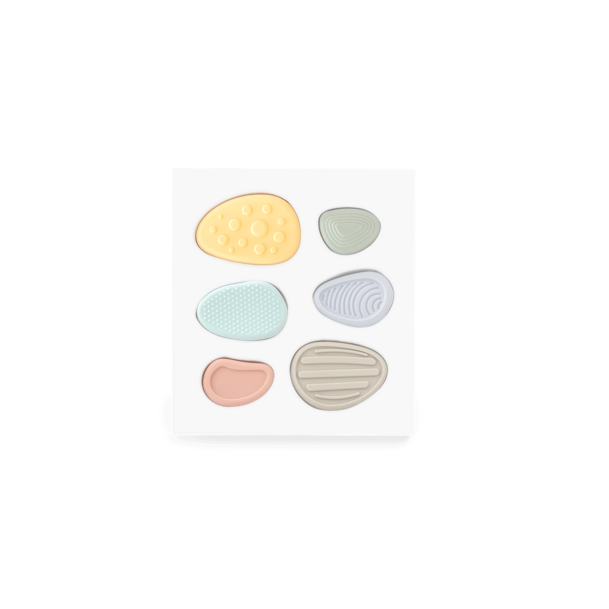 Worry Stones – Calming Sensory Fidget for Kids (Set of 6) in pastel colors, crafted from soft food-grade silicone.