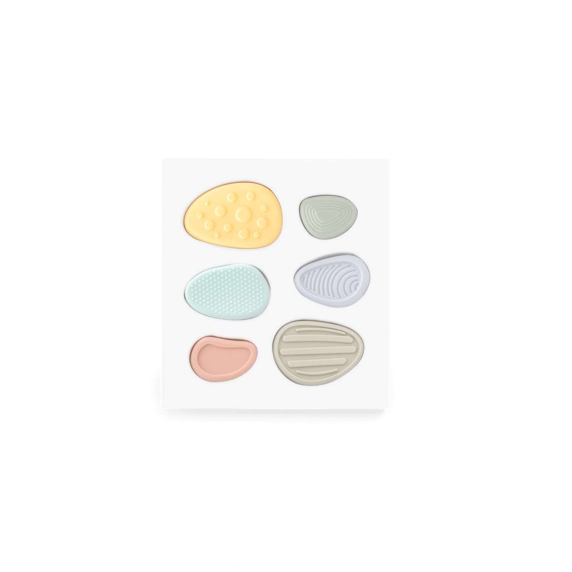 Worry Stones – Calming Sensory Fidget for Kids (Set of 6) in pastel colors, crafted from soft food-grade silicone.