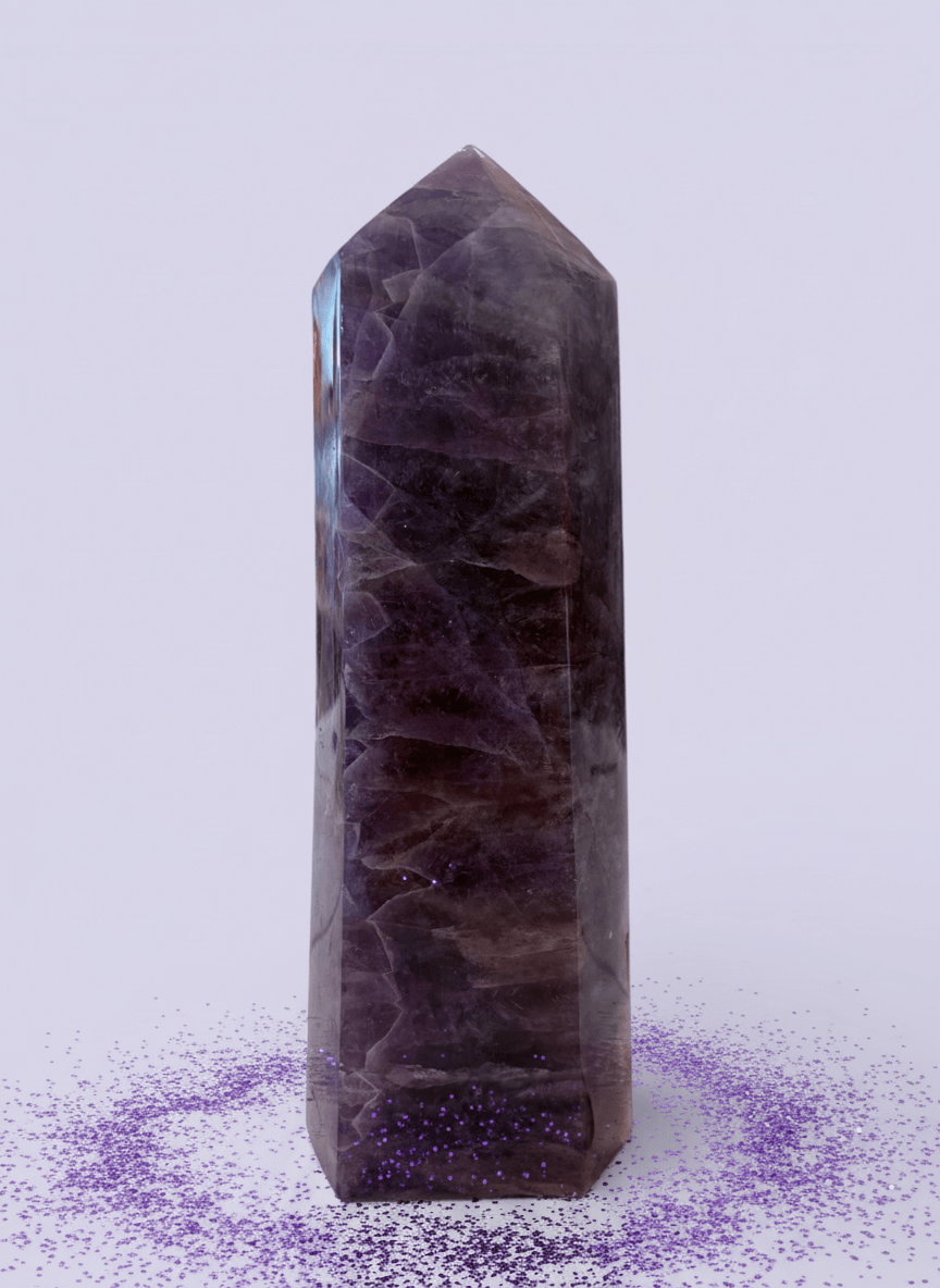 Madagascan Amethyst Crystal Prism showcasing a tall, polished purple crystal tower with sparkling purple accents.
