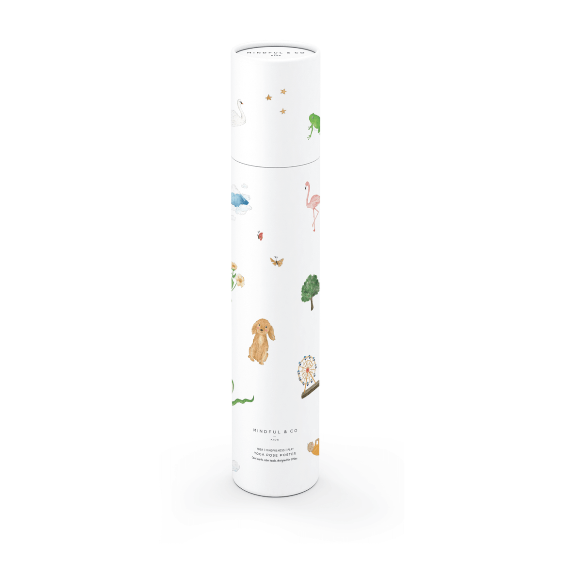Yoga Poses Print packaging tube illustrated with playful animals and nature scenes.