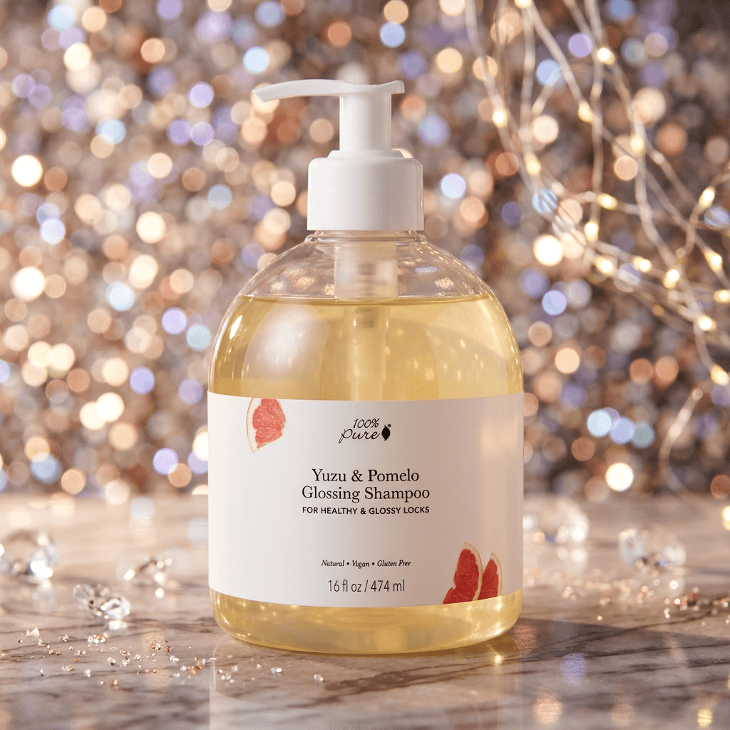 Bottle of Yuzu & Pomelo Glossing Shampoo with a pump on a sparkling background