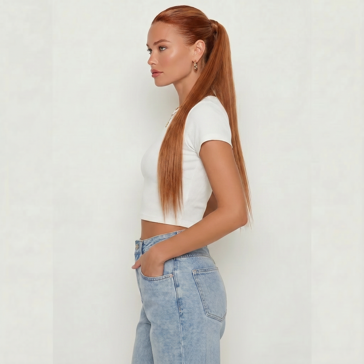 Auburn silky straight ponytail extension styled in a sleek wrap-around ponytail for a chic look.