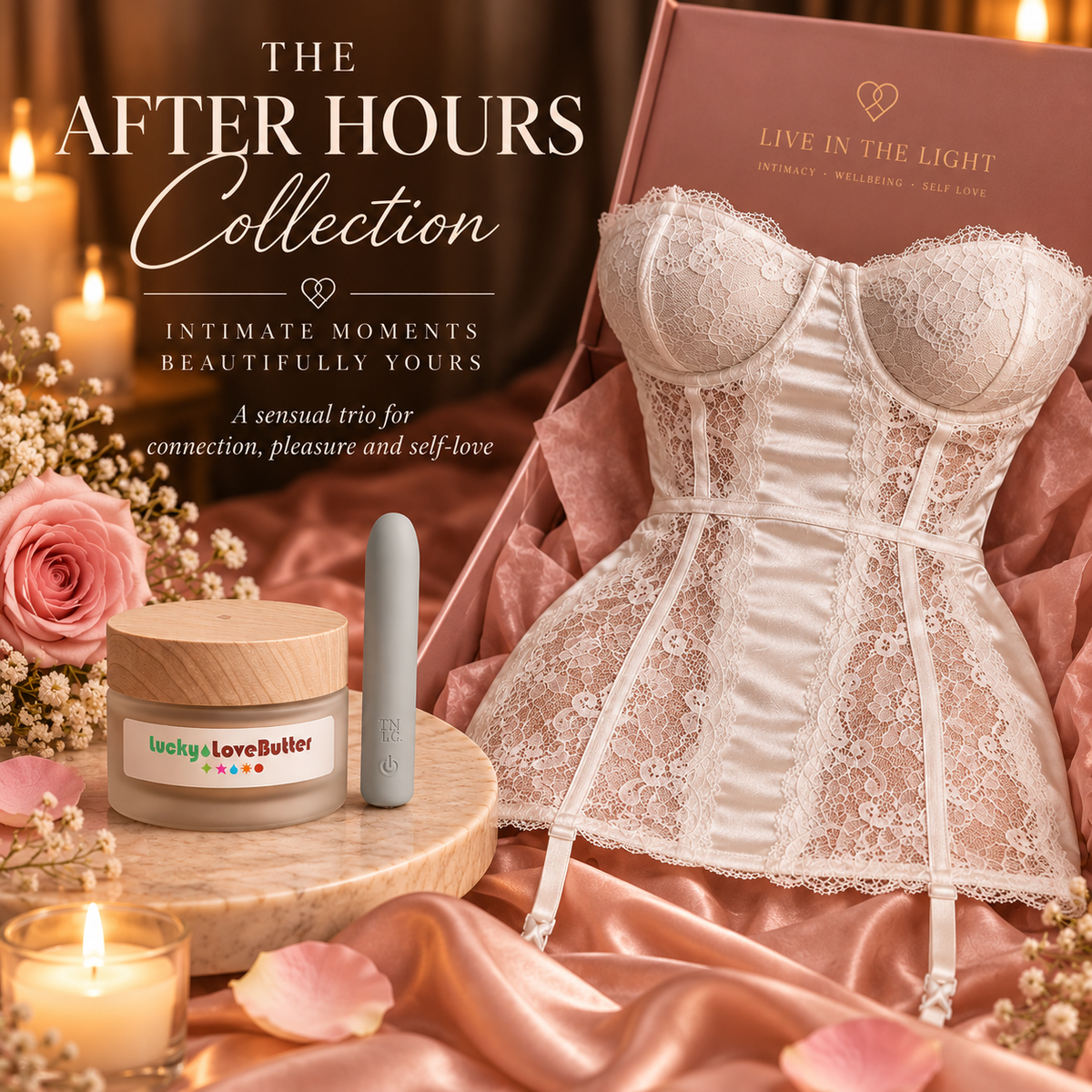 The After Hours Collection featuring Wiln HONEYMOON lace satin dress, Elemi bullet vibrator and Lucky Love Butter