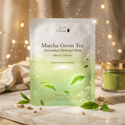Matcha Green Tea antioxidant hydrogel mask packaging on a decorative background