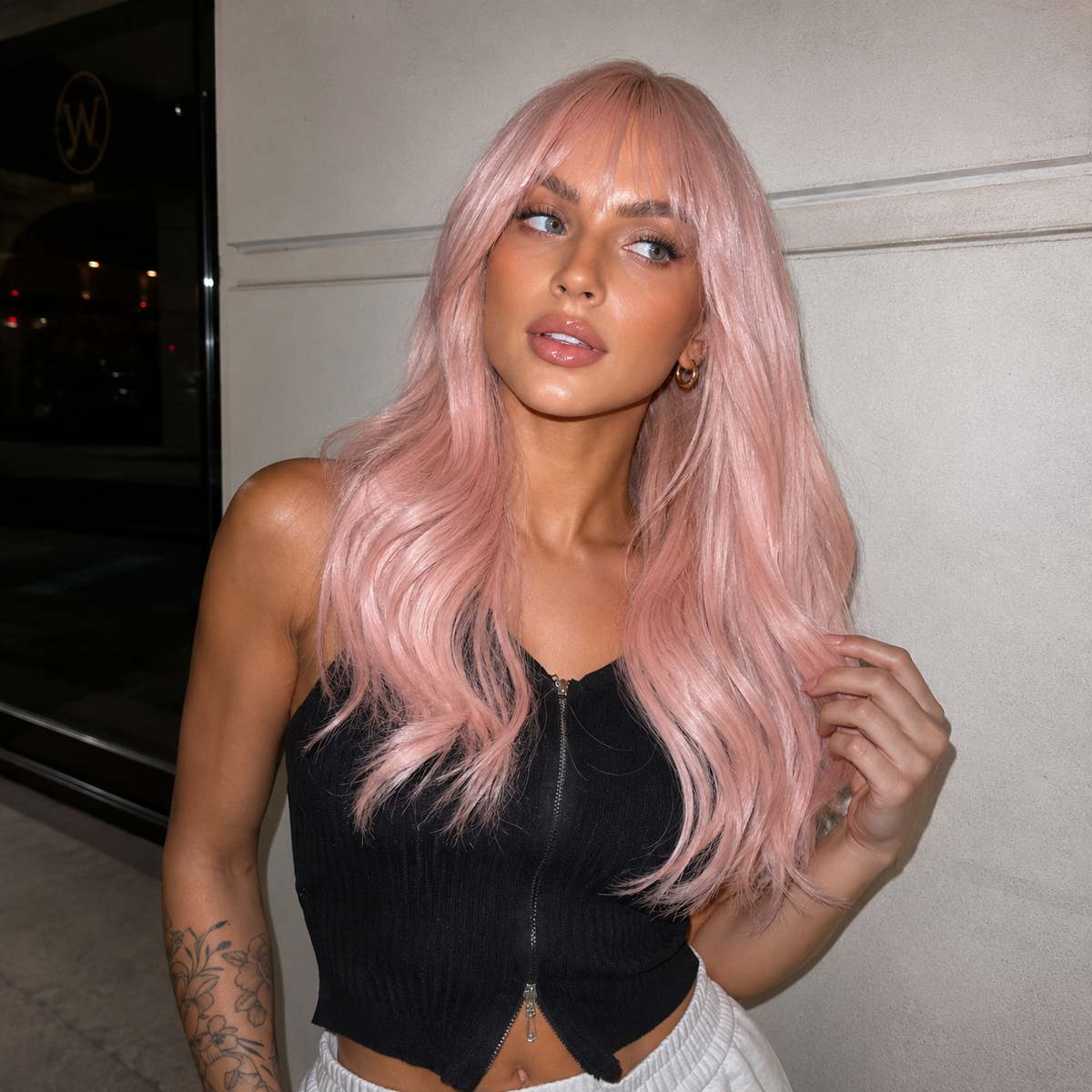 "Ashlee" - Baby Pink Wig With Bangs
