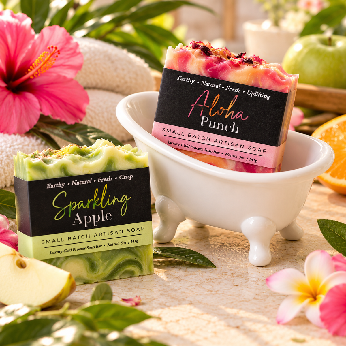 Bathtub Bliss botanical soap gift set with Aloha Punch, Sparkling Apple and white miniature bathtub soap dish