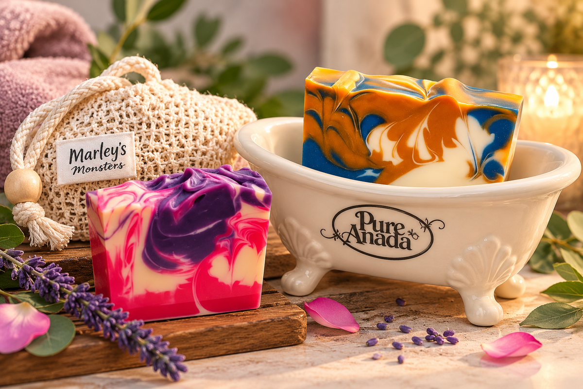 Illustrative Bathtub Bliss gift set with Pure Anada bathtub dish and two colourful soaps; soap saver bag pictured as styling only