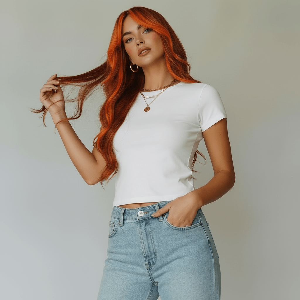 Model showcasing a black wig with orange highlights, wearing a white cropped top and light jeans, posing confidently.