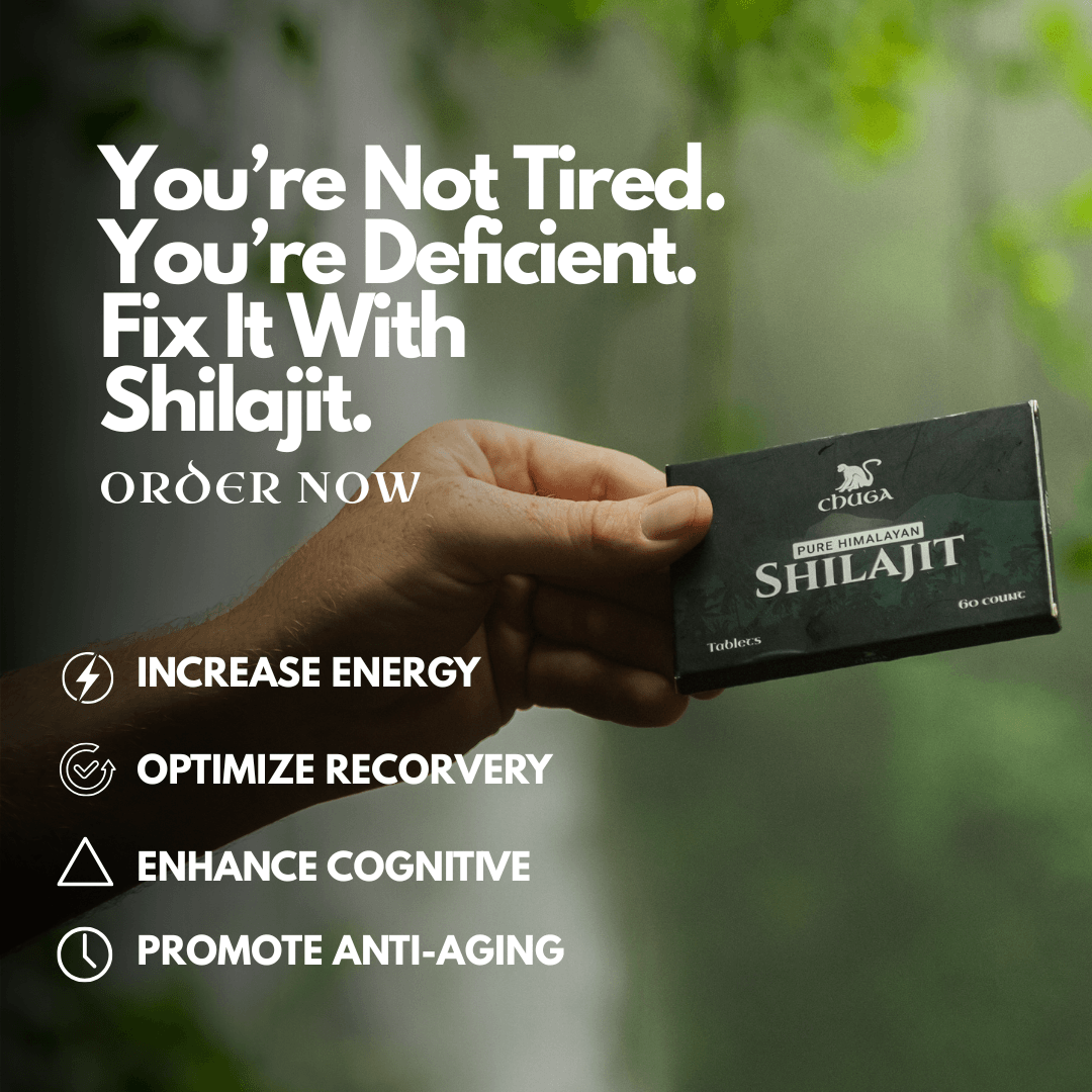 Hand holding a box of Shilajit with promotional text and benefits on a blurred natural background