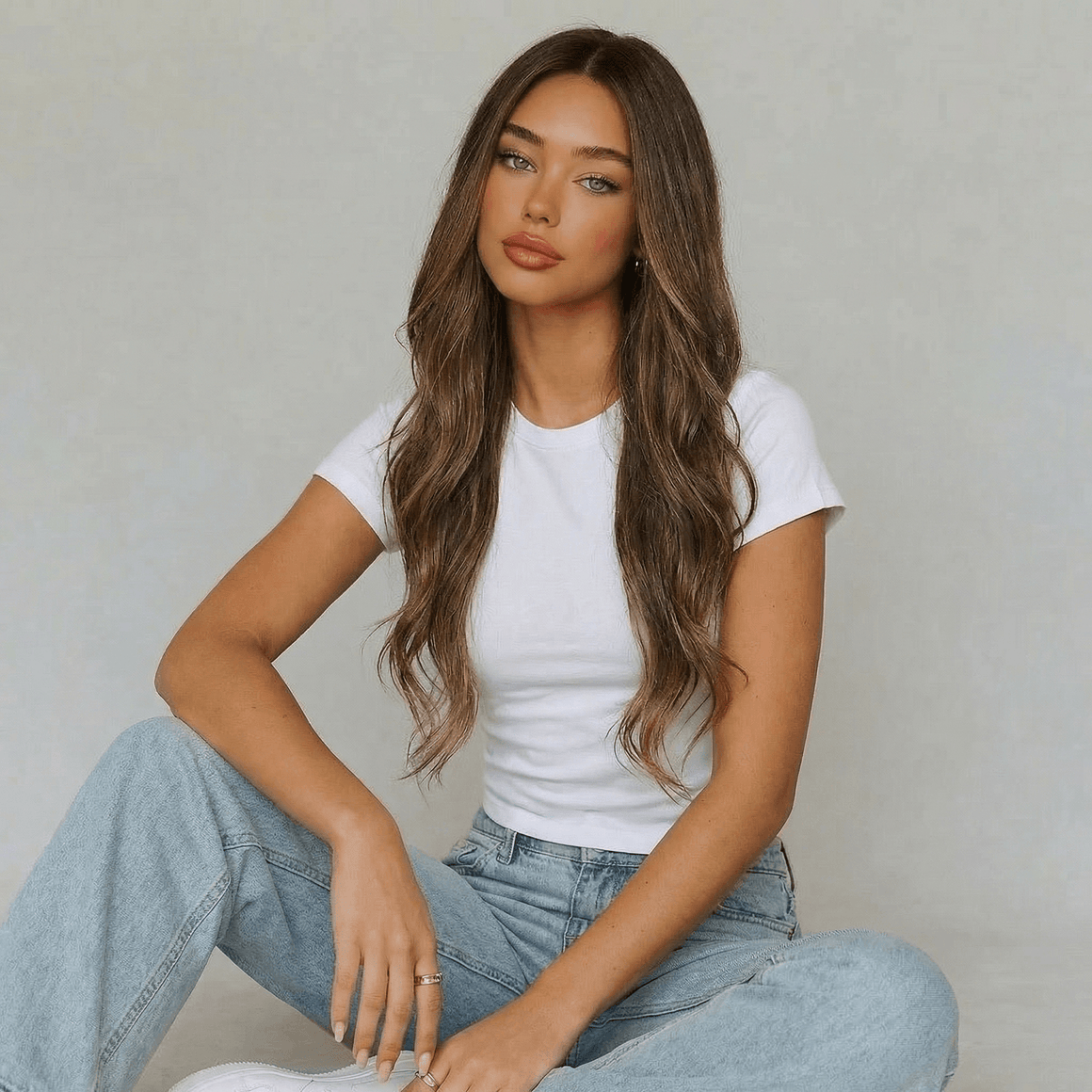 Model wearing a long highlighted brown body wave wig with soft waves, dressed in a white t-shirt and blue jeans.