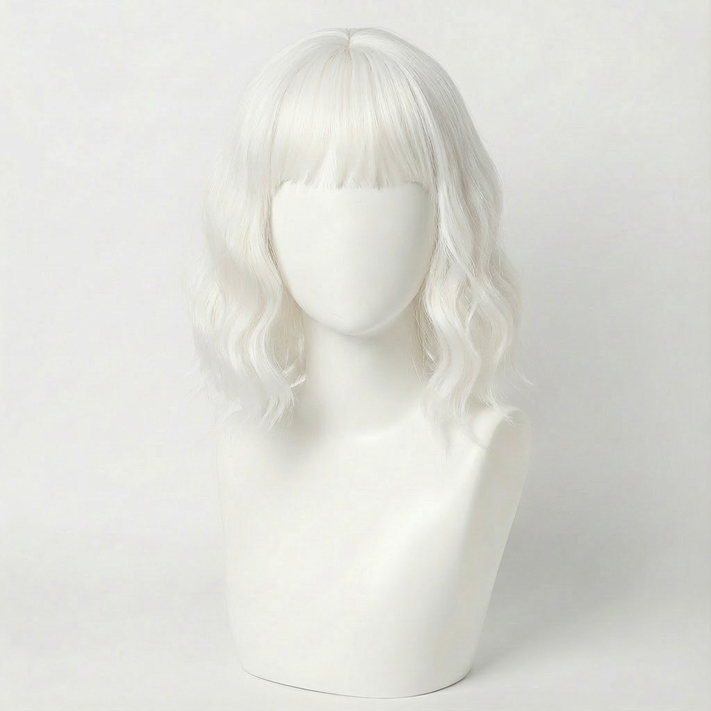 "Cleo" - Short White Body Wave Wig with Bangs