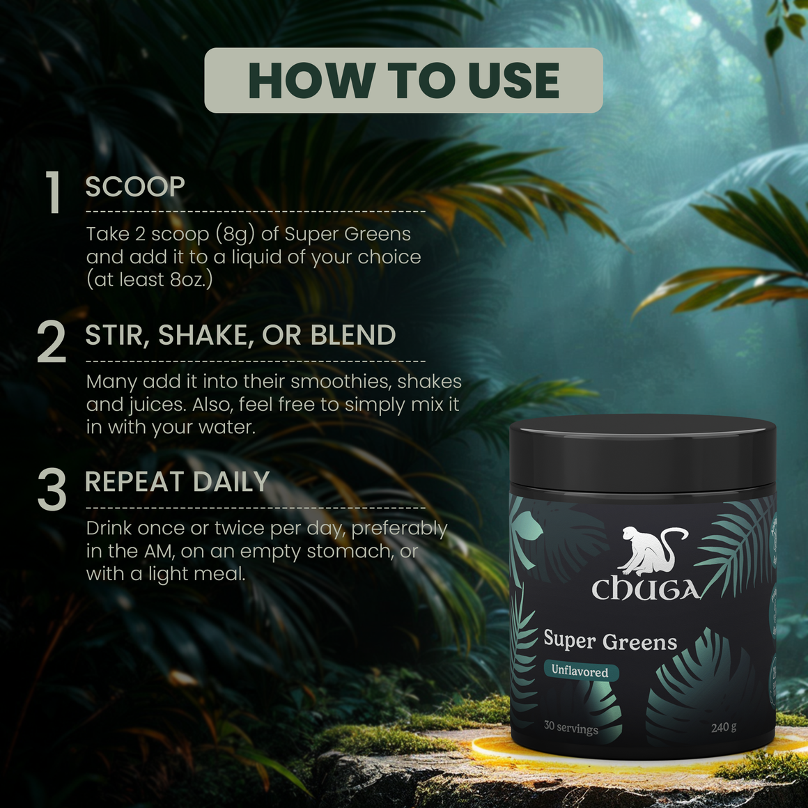 How to use Super Greens Powder: scoop, stir, and repeat daily for health benefits with organic super greens powder.