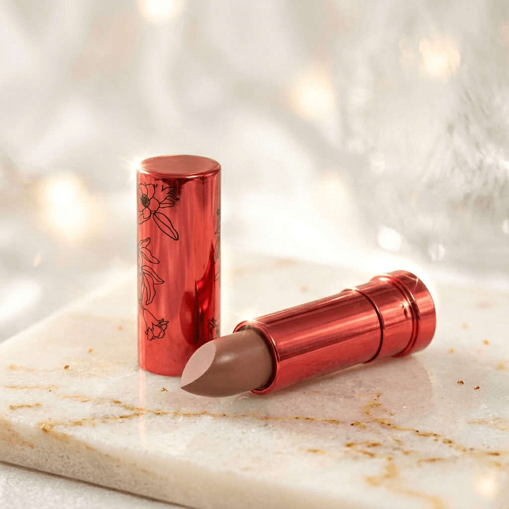 chocolate lipstick with floral design on cap on a marble surface