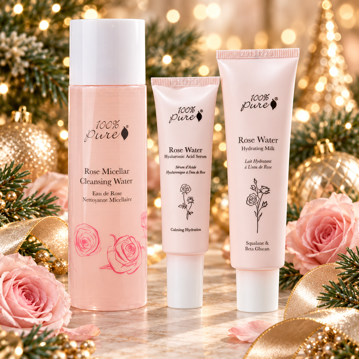 Christmas Rose Ritual with three 100% Pure rose skincare products