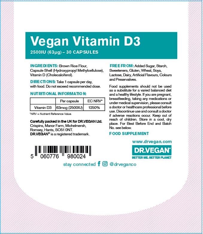 DR.VEGAN Vitamin D3 2500IU (63ug) - 30 capsules