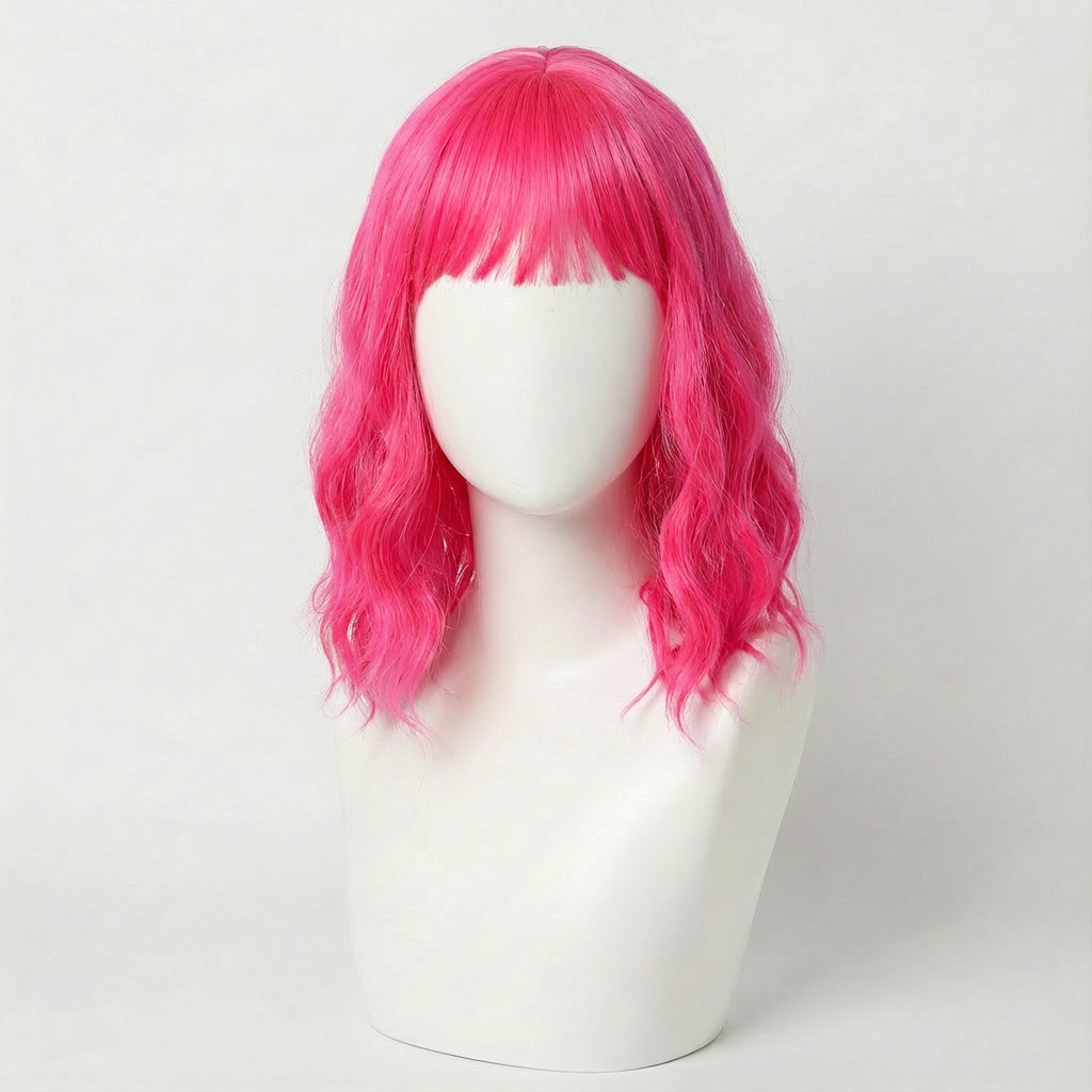 Cerise Short Neon Pink Wig With Bangs, featuring vibrant neon pink color and soft waves.