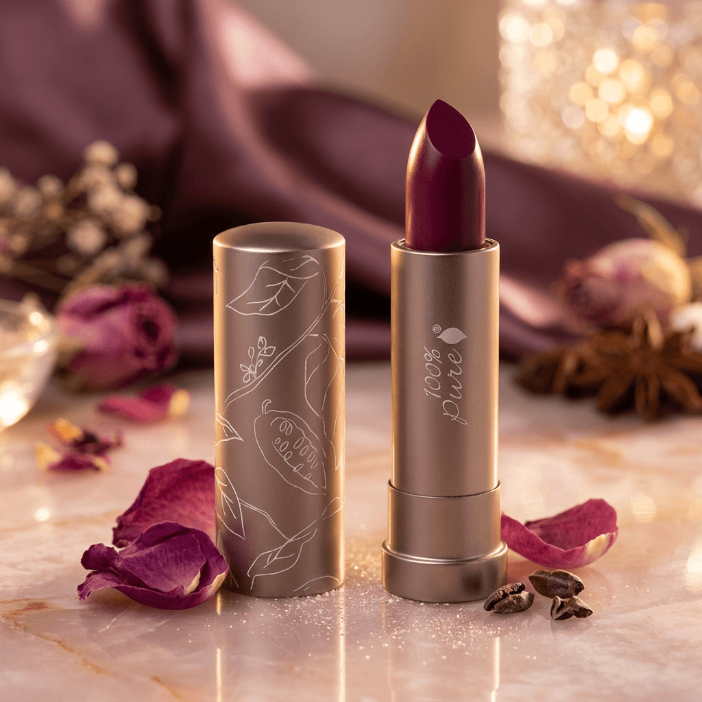 Lipstick with gold case and purple lipstick on a decorative surface with flowers and lights.