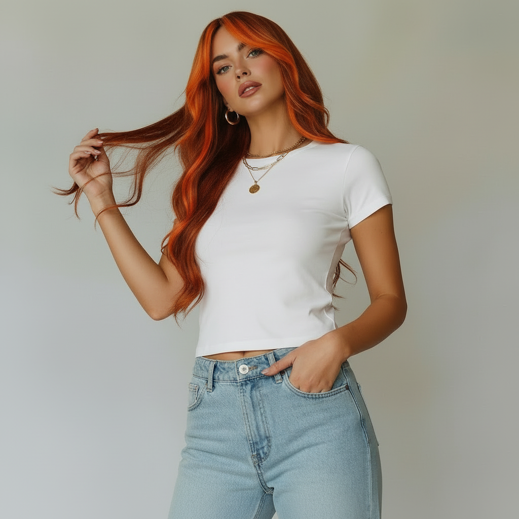 Model showcasing a black wig with orange highlights, wearing a white cropped top and light jeans, posing confidently.
