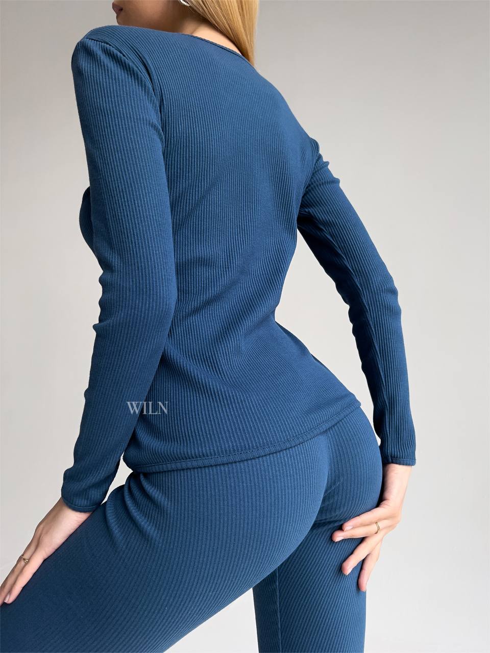 EASE 2 Piece Ribbed Cotton Loungewear - Blue showcasing the soft ribbed texture and flattering fit.