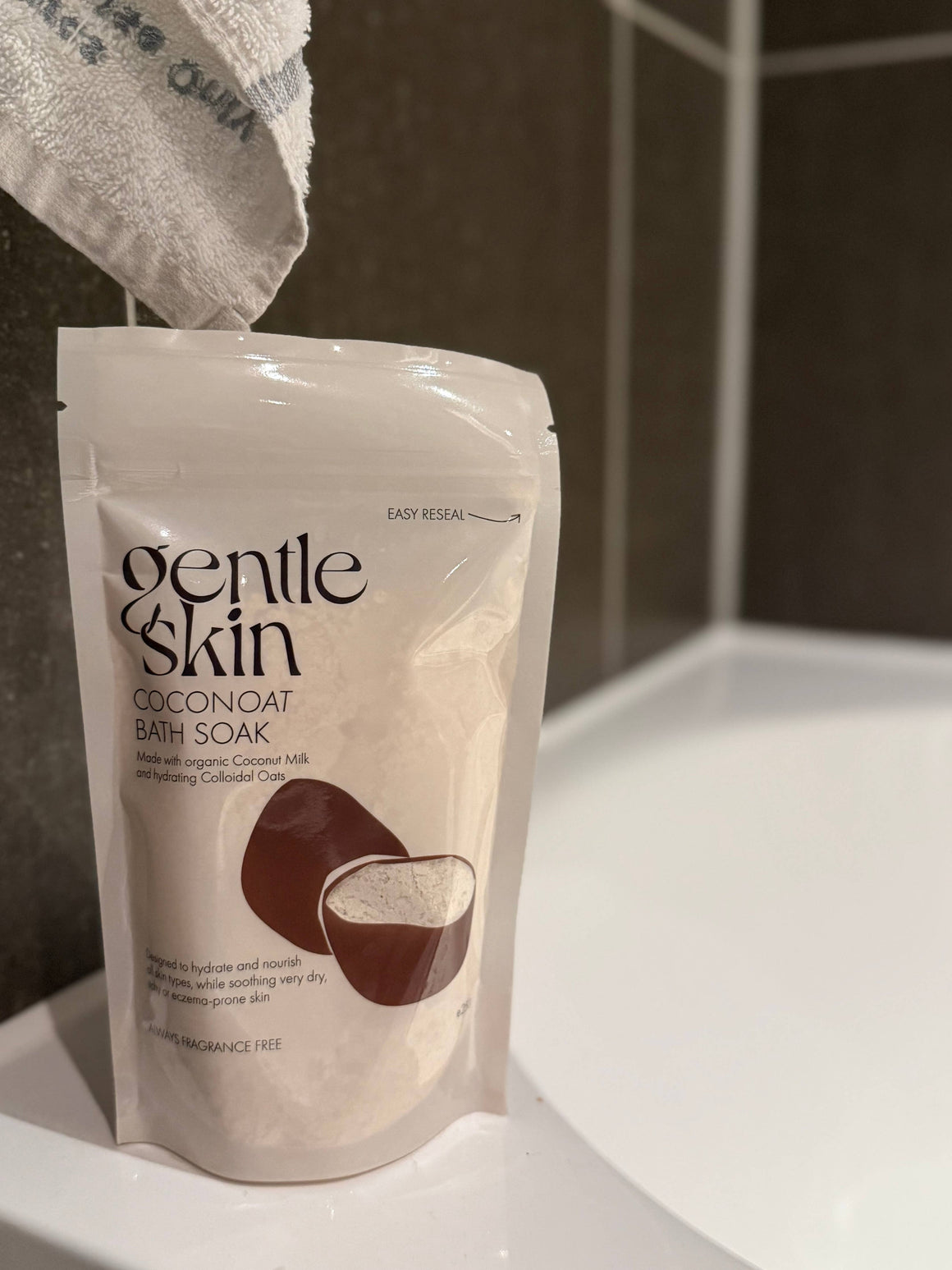 Coconoat Bath Soak for sensitive skin in a resealable package, perfect for hydrating dry and eczema-prone skin.