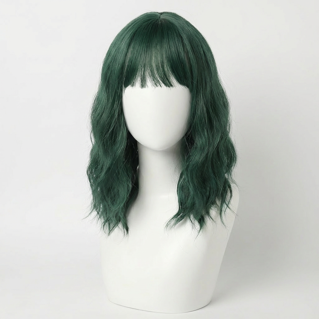 Emerald Short Green Wig with Bangs featuring a wavy bob and rich emerald green color.