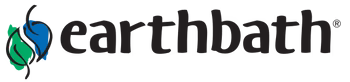 Earthbath logo with a hand holding a blue circular object on a black background