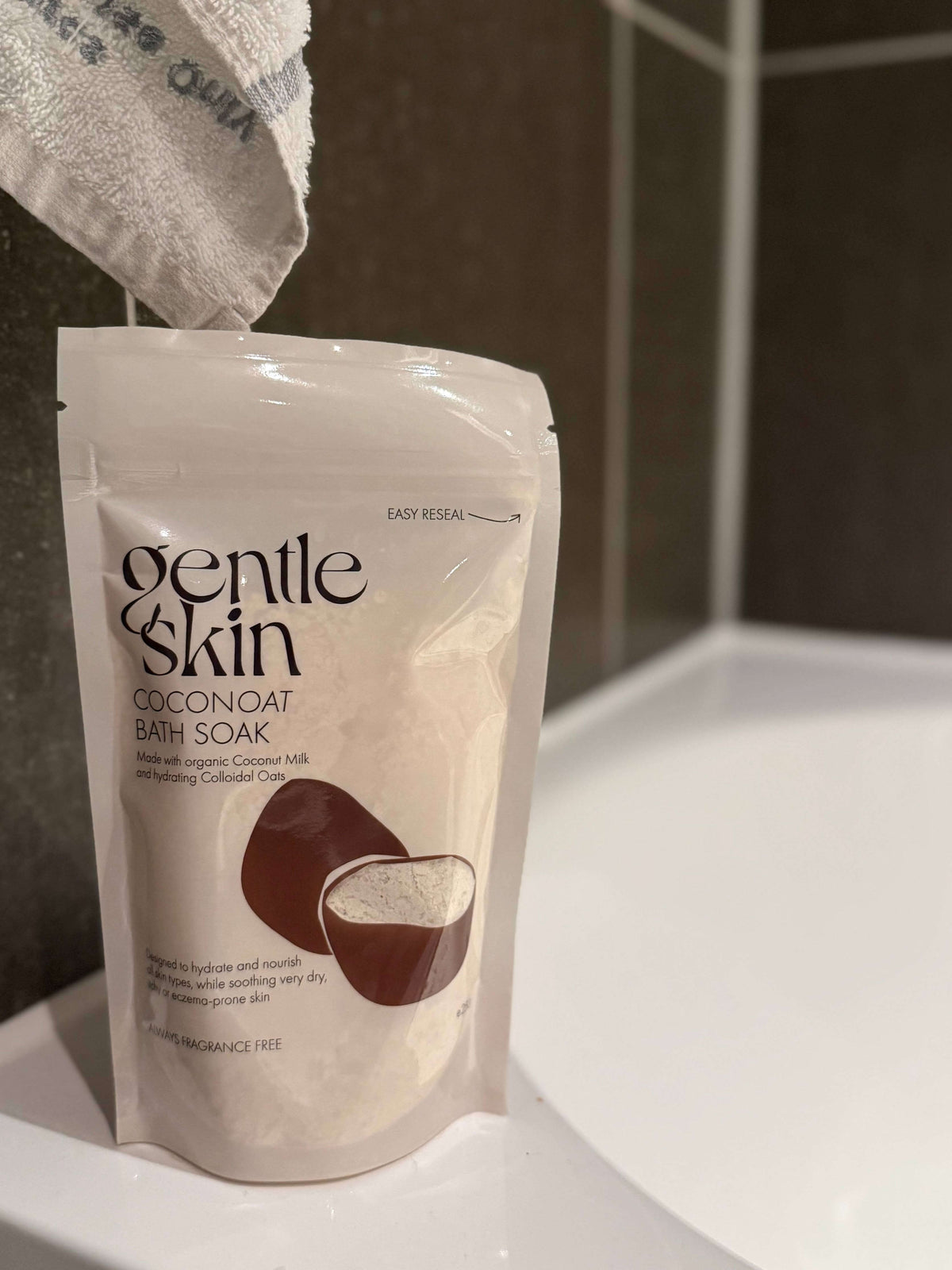 Coconoat Bath Soak for sensitive skin in a resealable package, perfect for hydrating dry and eczema-prone skin.