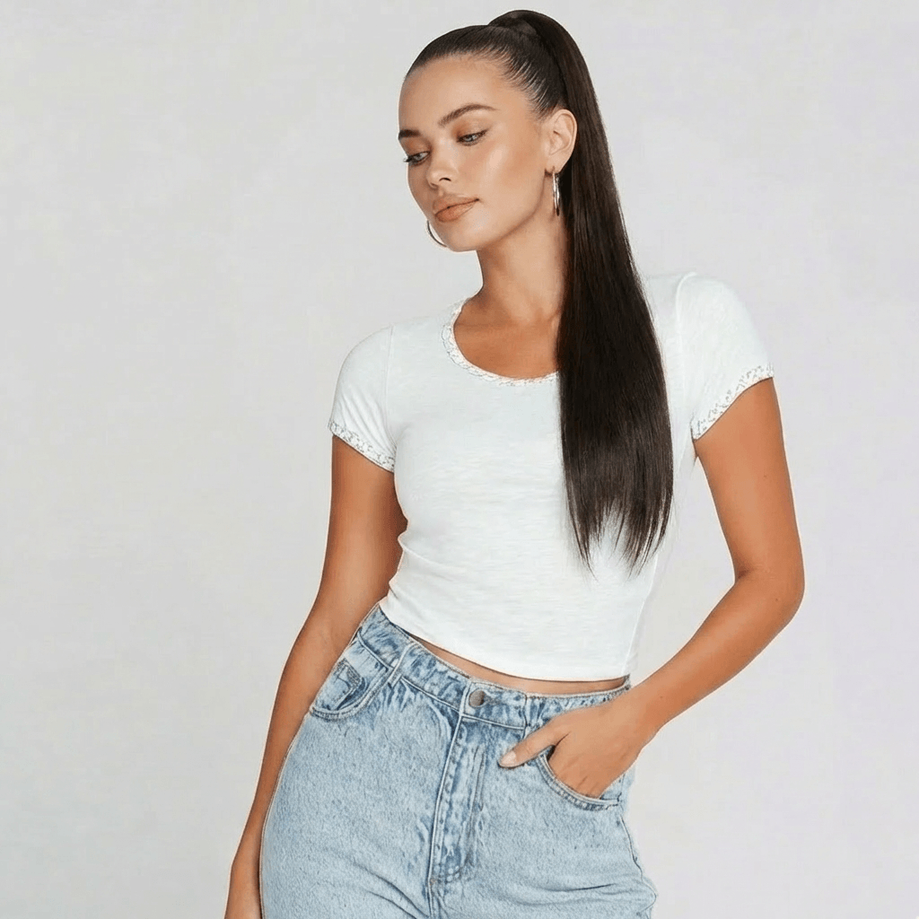 Model showcasing an espresso brown ponytail hair extension with a sleek wrap-around style and casual outfit.