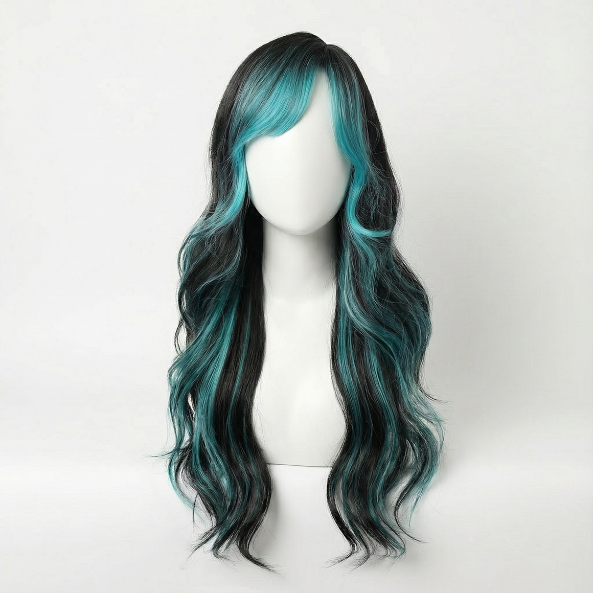 Long black wig with teal highlights featuring soft waves and a stylish middle part.