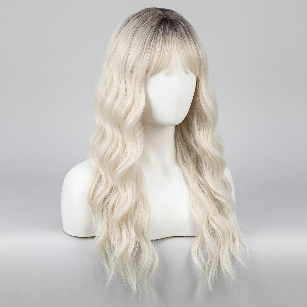 Blaire Ash Blonde Beach Wave Synthetic Wig with Bangs displayed on a mannequin with long, tousled waves and a shadow root.
