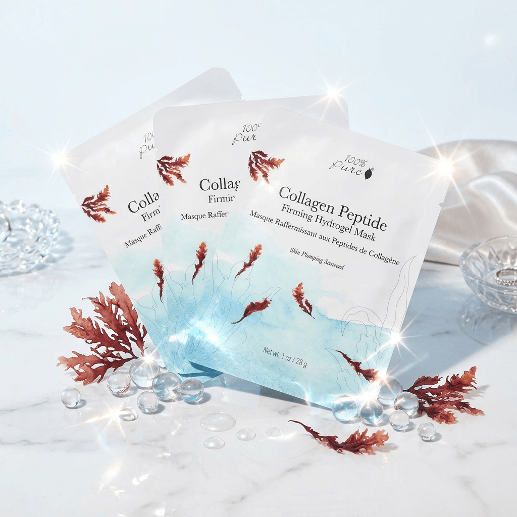 Collagen peptide firming hydrogel mask packaging with seaweed design on a light background