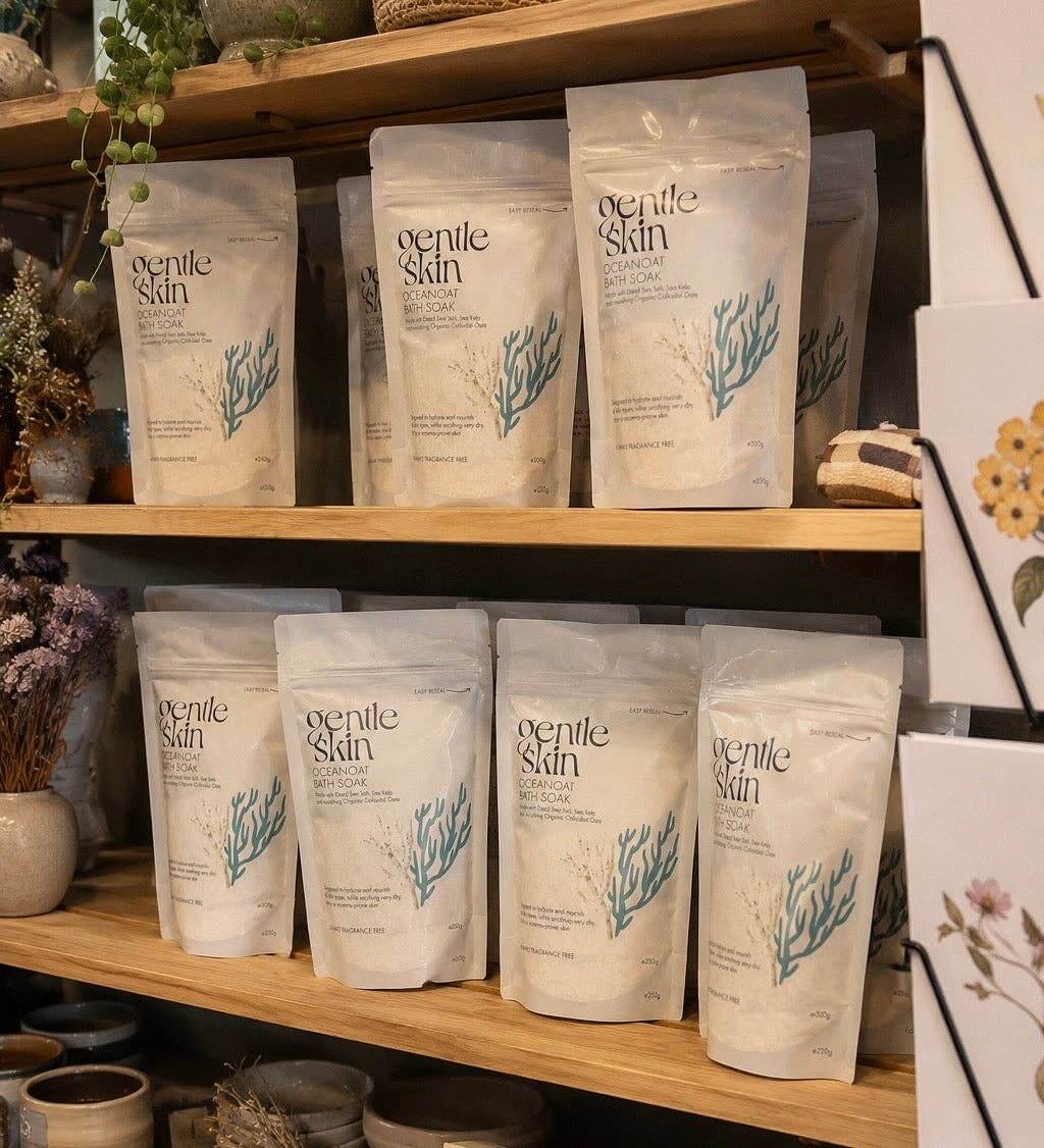 Shelves with 'gentle skin' product packages in a store setting.