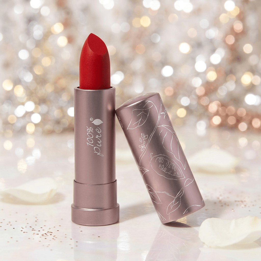 Red lipstick with a pink case on a glittery background