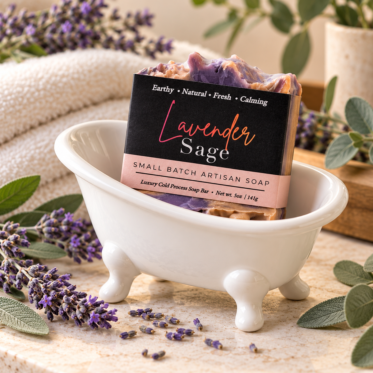 The Little Bathtub Treat with Lavender Sage artisan soap and miniature white bathtub soap dish
