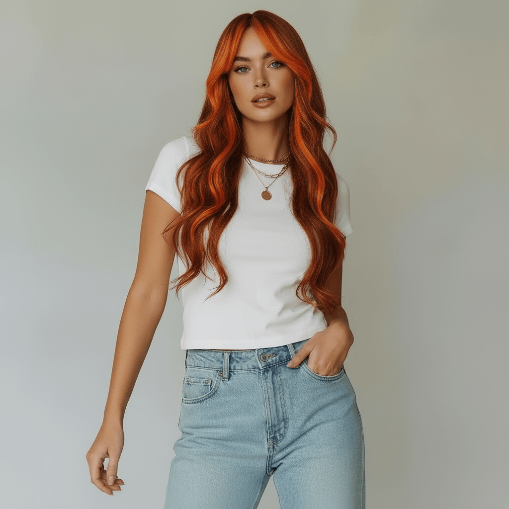 Model wearing a long black wig with orange highlights, showcasing vibrant hair against a neutral background.