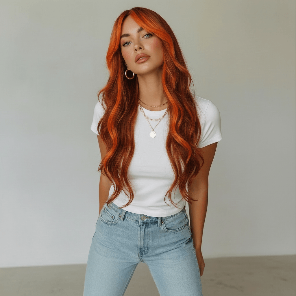 Model wearing a long hairstyle with vibrant orange highlights, showcasing a stylish look.
