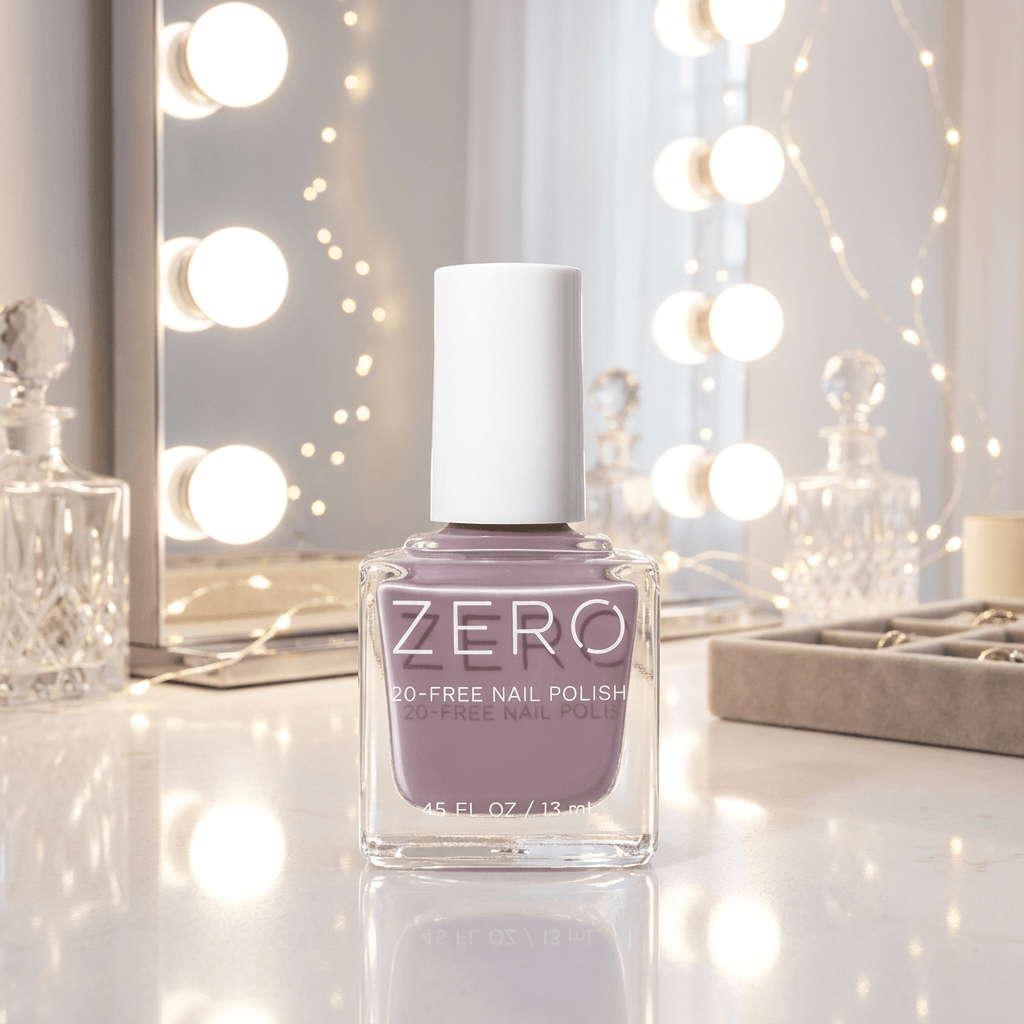 Bottle of ZERO nail polish on a reflective surface with decorative lights in the background