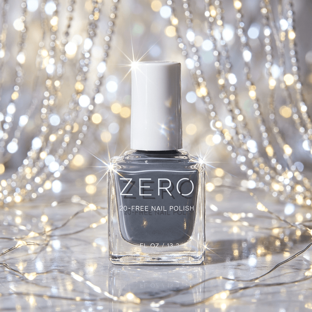 Bottle of ZERO nail polish on a glittery background
