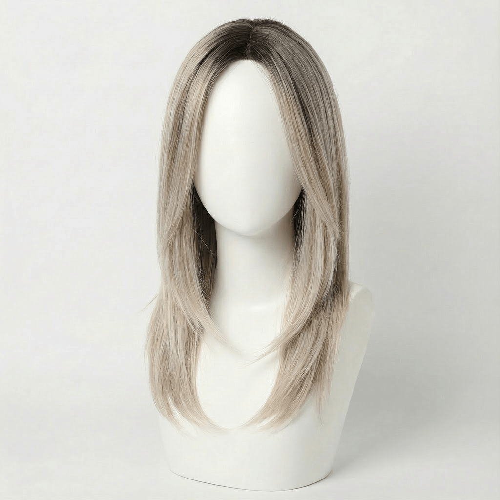 Sofia blonde layered wig with balayage showcasing a natural style with neutral brown roots and creamy blonde ends.