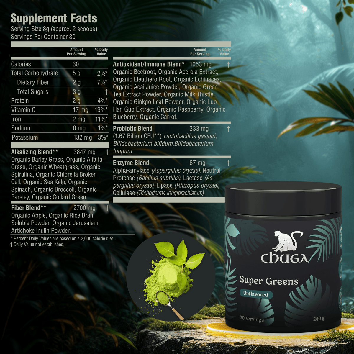 Super Greens Powder featuring 20+ organic superfoods for immune support and digestive health.