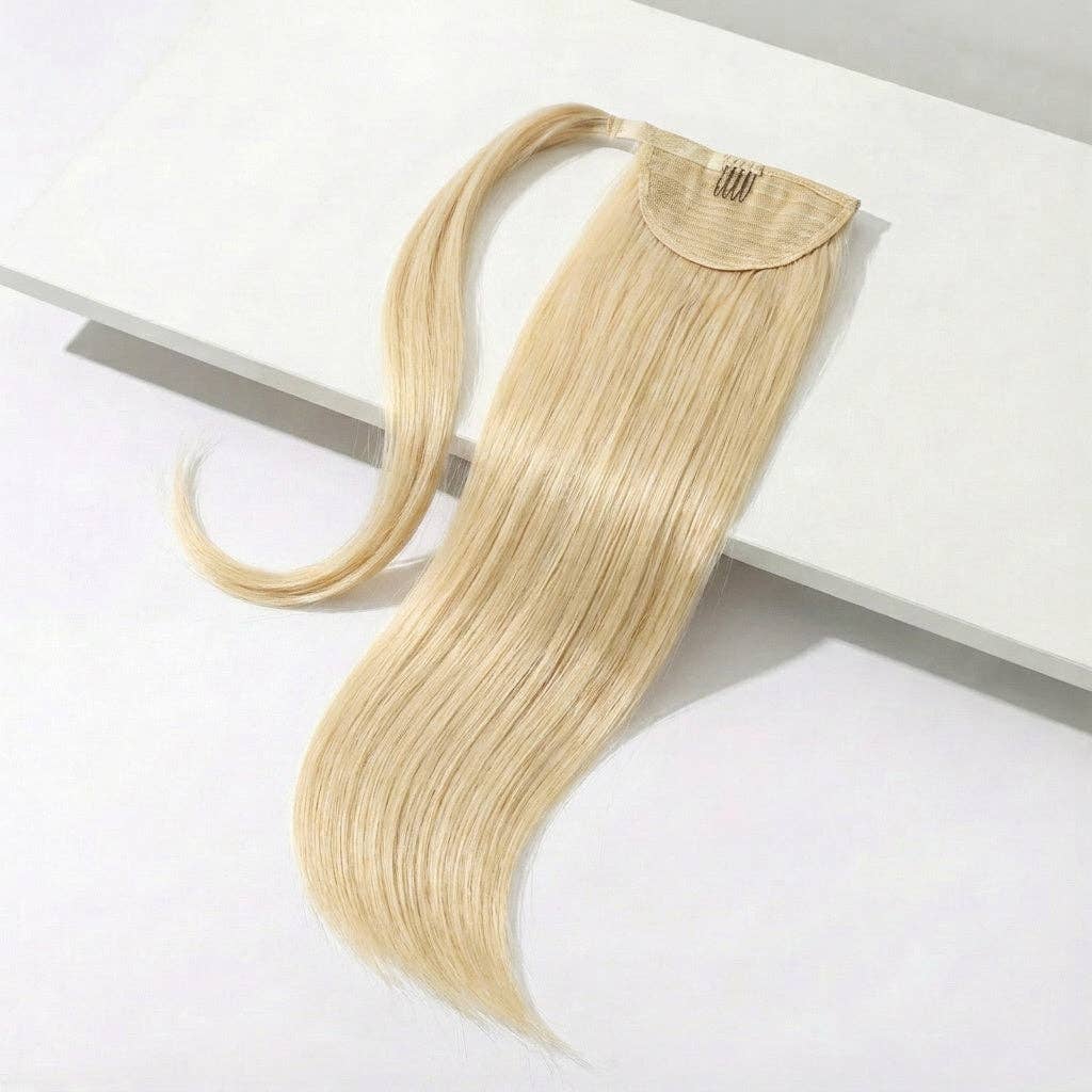 platinum blonde ponytail hair extension on a white surface, showcasing its sleek and straight design.