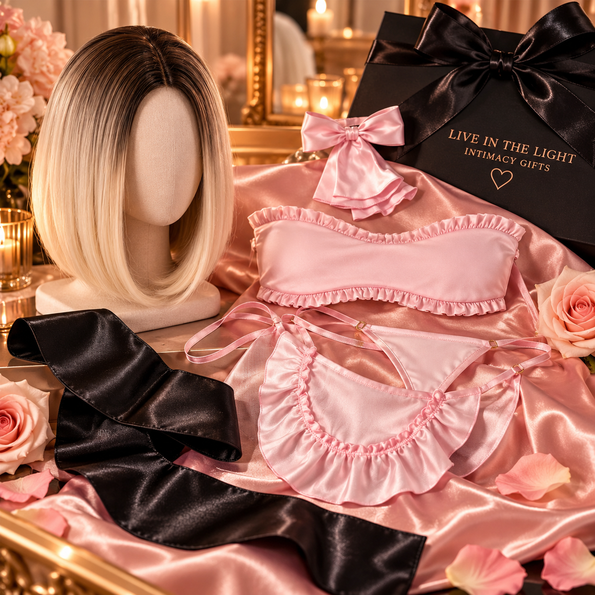 The Secret Fantasy gift set featuring a blonde bob wig, pink satin lingerie and black satin blindfold